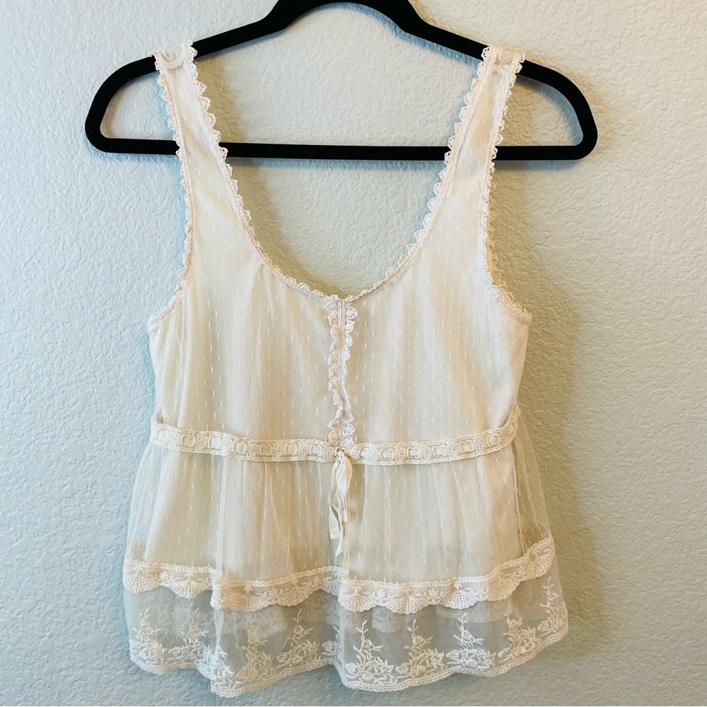 Forever 21 Cream Lace Trim Sheer Peplum Tank Top